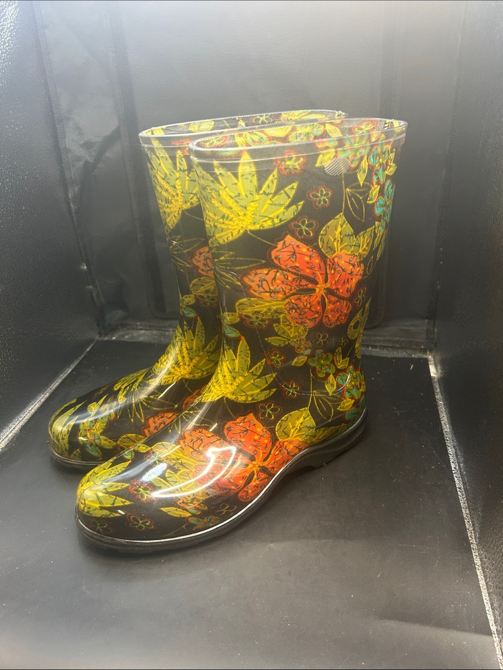 Sloggers Black Floral Rain Boots with Yellow & Orange Accents